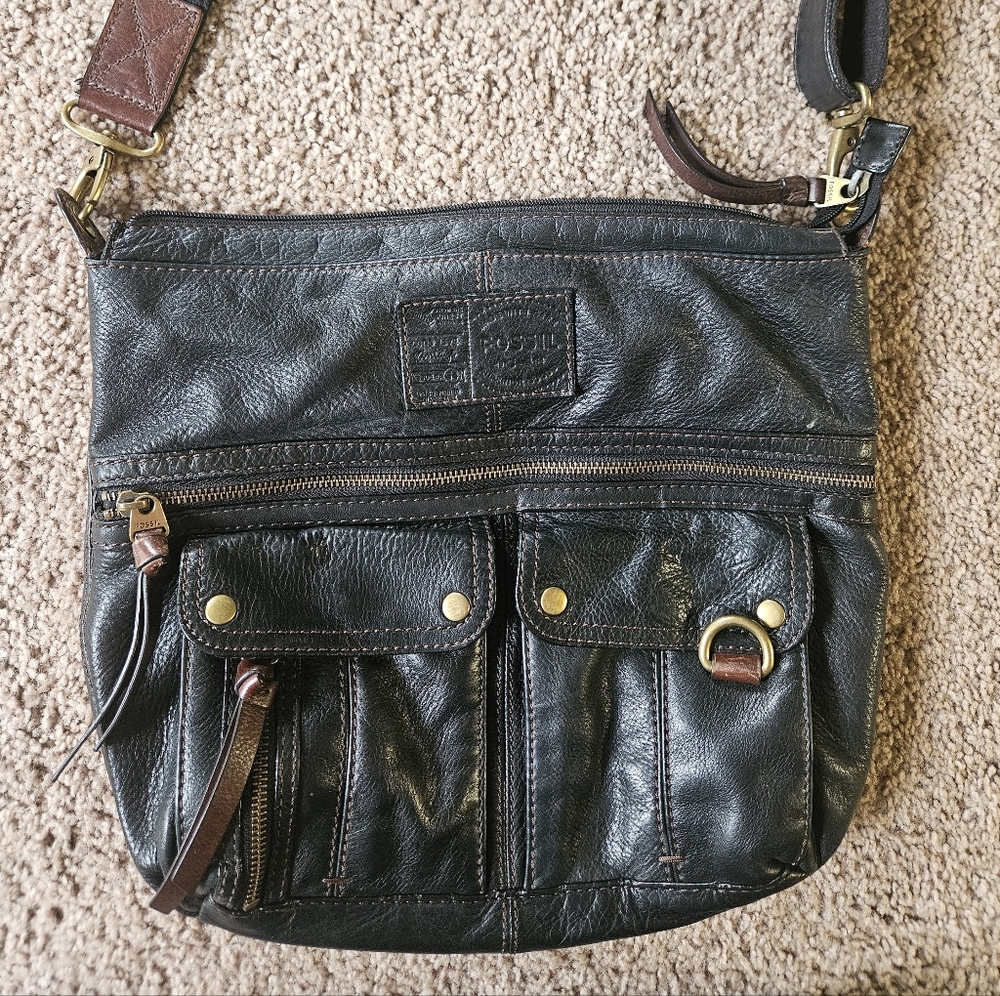 Fossil Black Leather Messenger Crossbody with Brown Accents